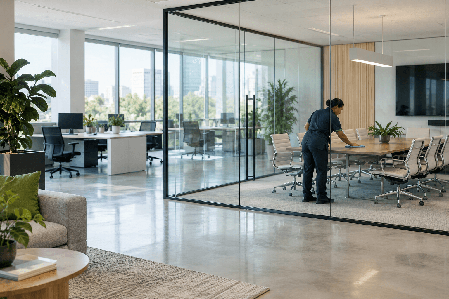 Cleaner wiping a conference table in a modern glass office