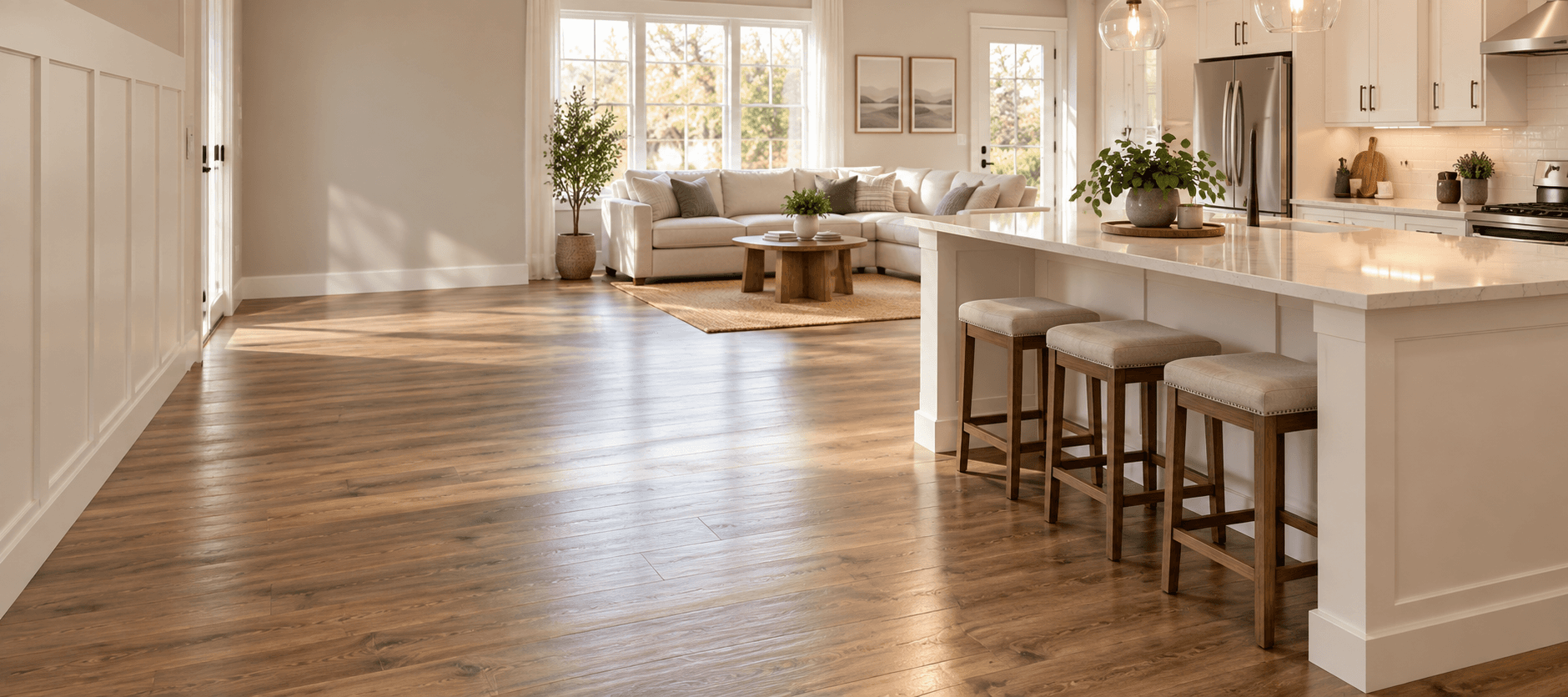 Bright open-concept kitchen and living room after a professional clean