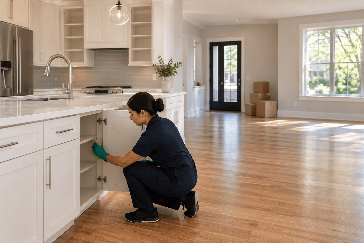 Cleaner detailing kitchen cabinets in an empty home during move-out
